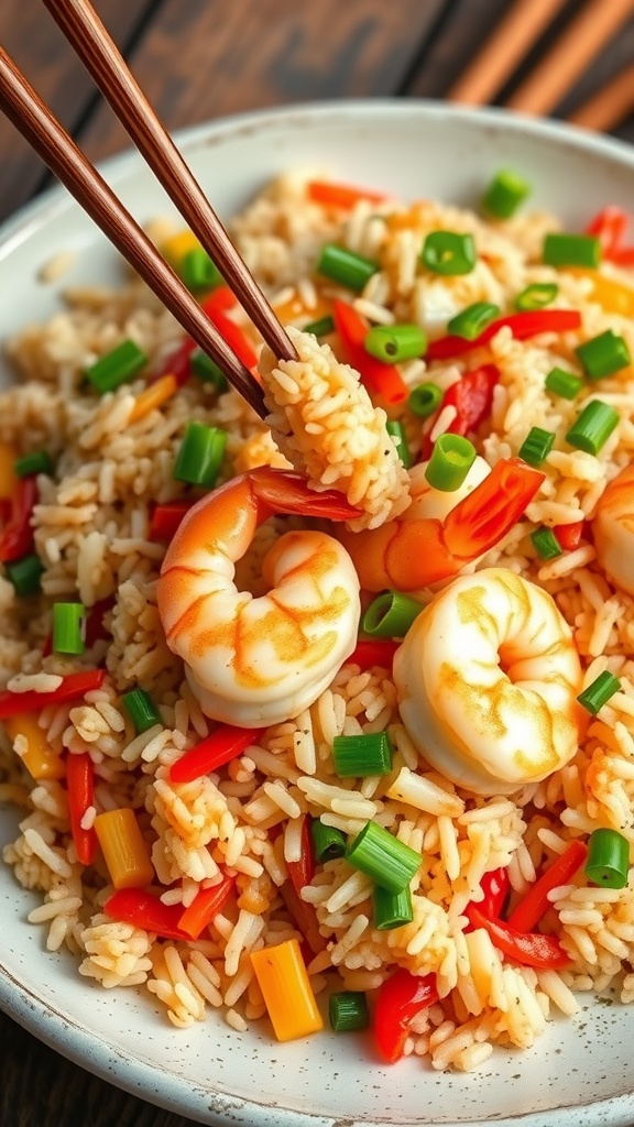 A colorful plate of shrimp fried rice with shrimp, mixed vegetables, and green onions on a wooden table.